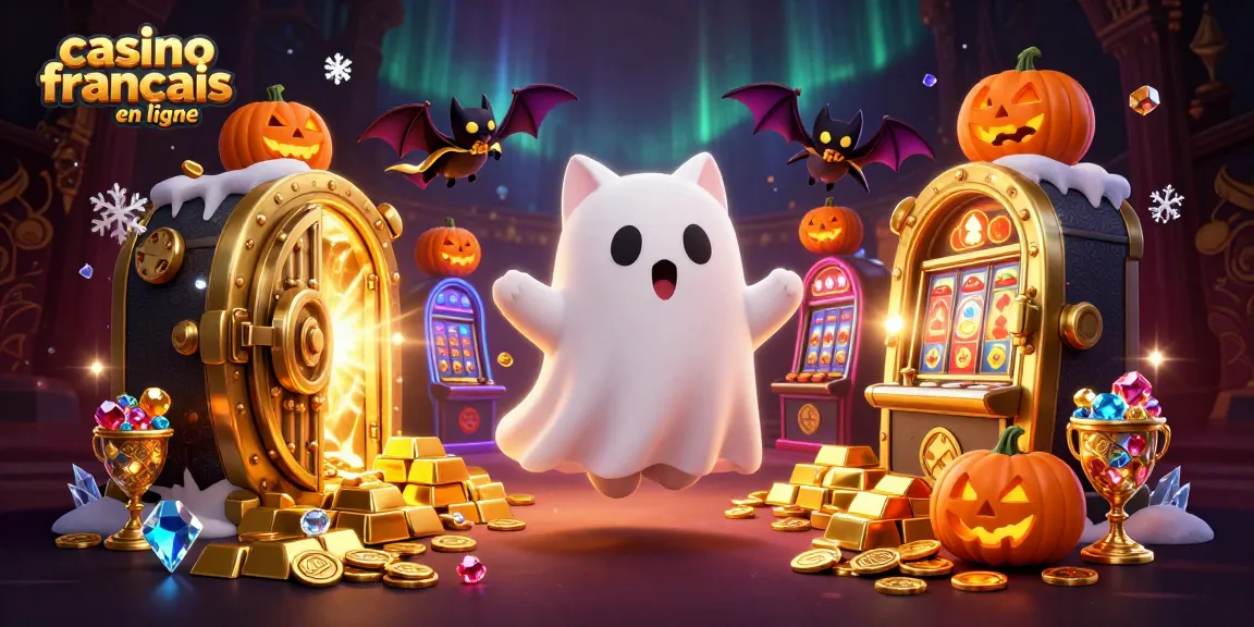 Jouer dans un casino francais en ligne avec un chat fantôme et un vampire, entouré de trésors.