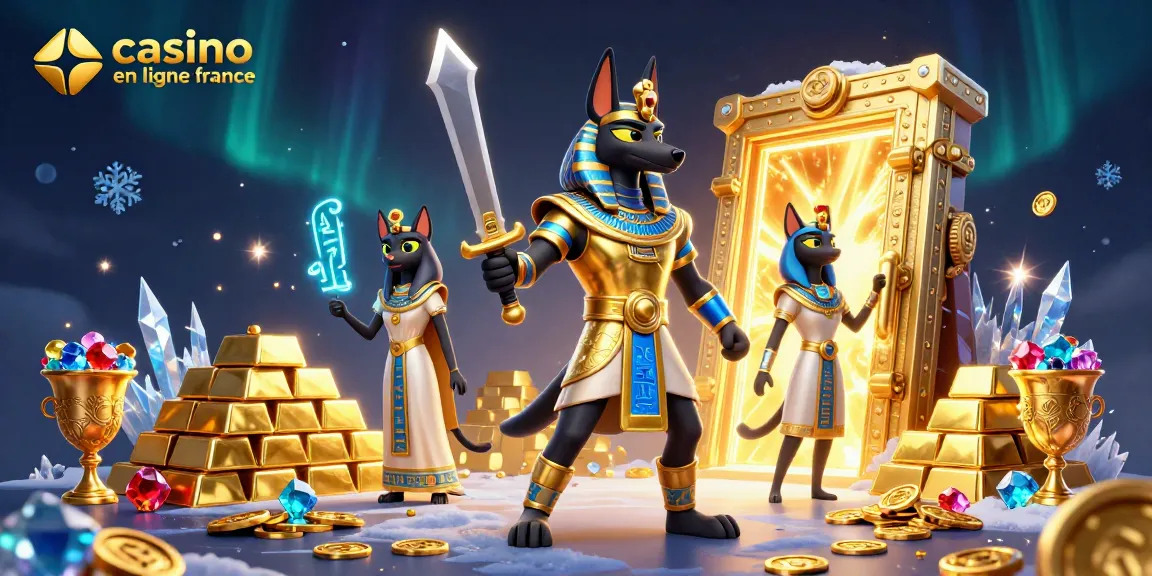 Jouez comme un professionnel dans le casino en ligne France avec Anubis et Bastet entourés de trésors scintillants.