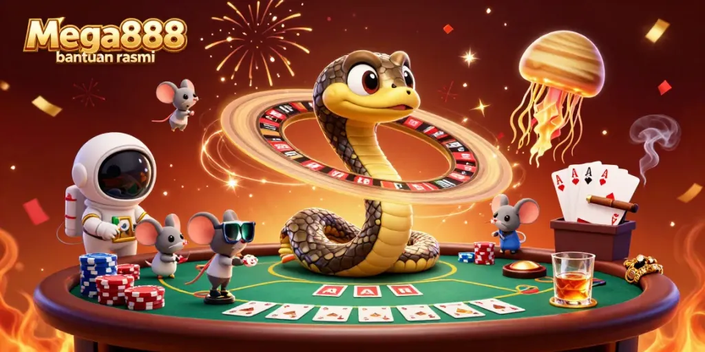 Experience mega888 bantuan rasmi in a vibrant 3D casino scene filled with action and excitement.