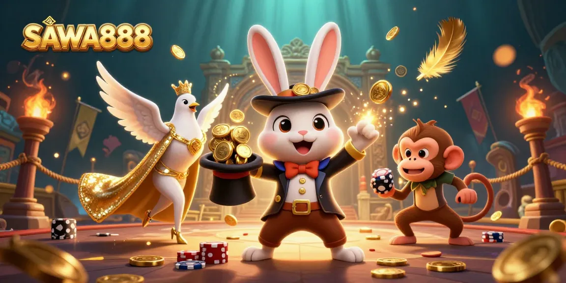 Experience the excitement of SAWA888 with a whimsical illustration of a magician, dove, and monkey in a vibrant casino scene.