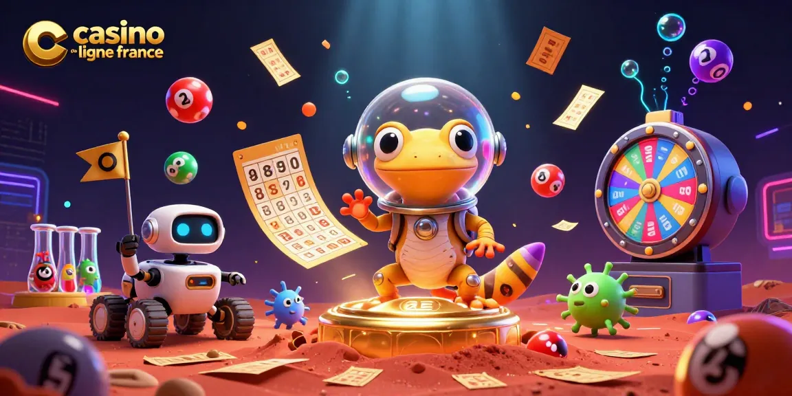 Illustration de casino en ligne France avec un gecko martien découvrant un casino enfoui sur Mars.