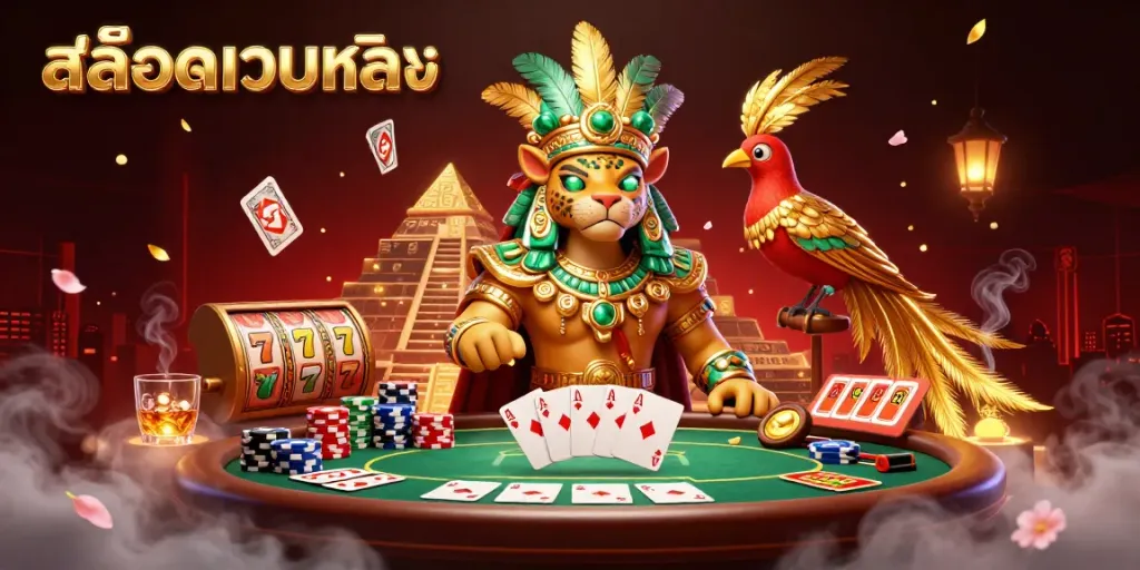 Experience thrilling gameplay with สล็อตเว็บตรง and a vibrant scene filled with Mayan inspired characters and casino elements.