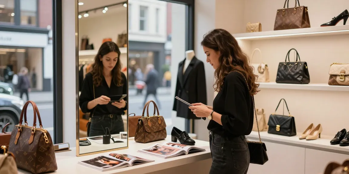 Shoppers appreciating quality 레플리카 luxury items in an inviting urban boutique.