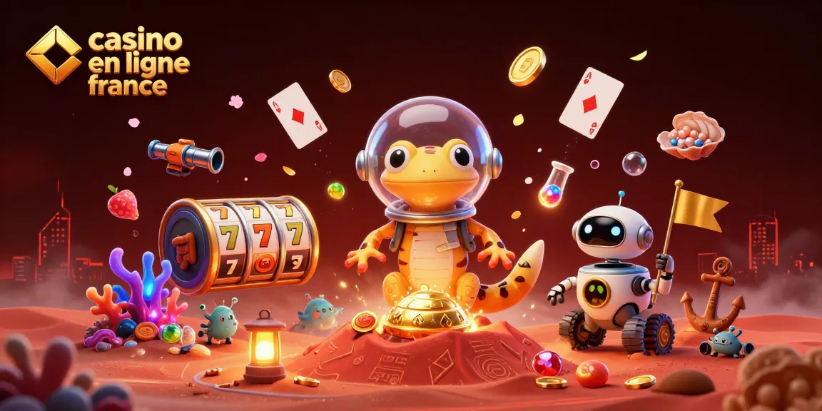 Jouez sur le casino en ligne France et découvrez des machines à sous fascinantes avec un gecko extraterrestre dans une scène dynamique.