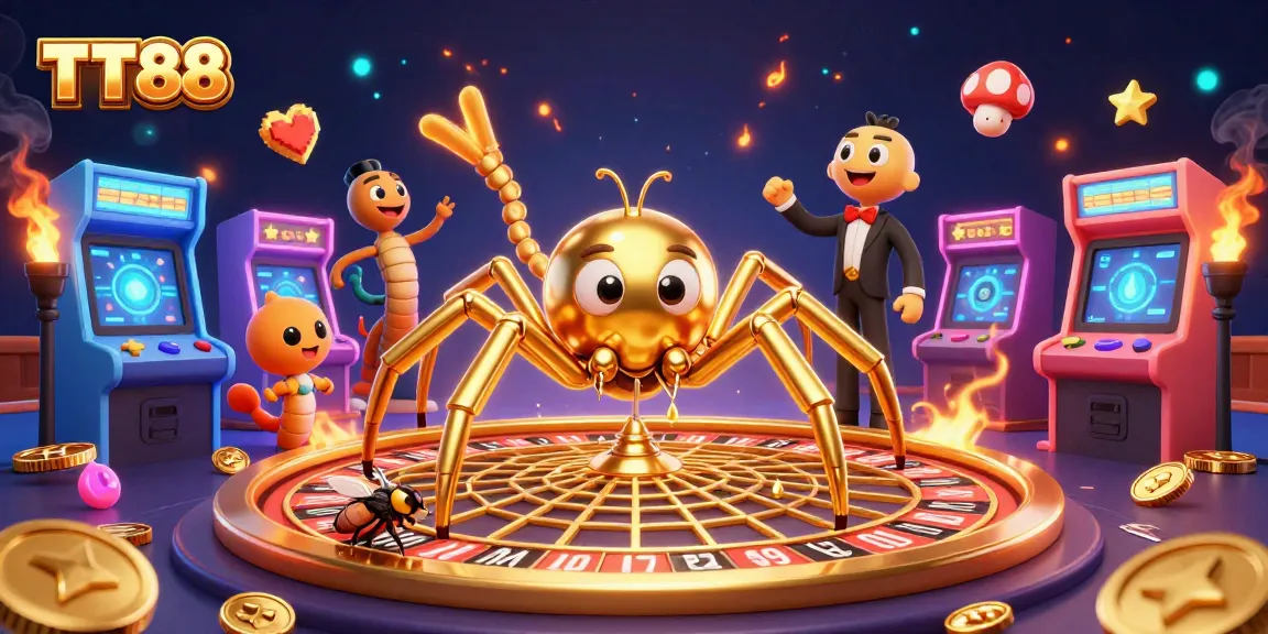 Bet on TT88 as a colorful 3D golden spider spins a roulette wheel in this vibrant casino scene.