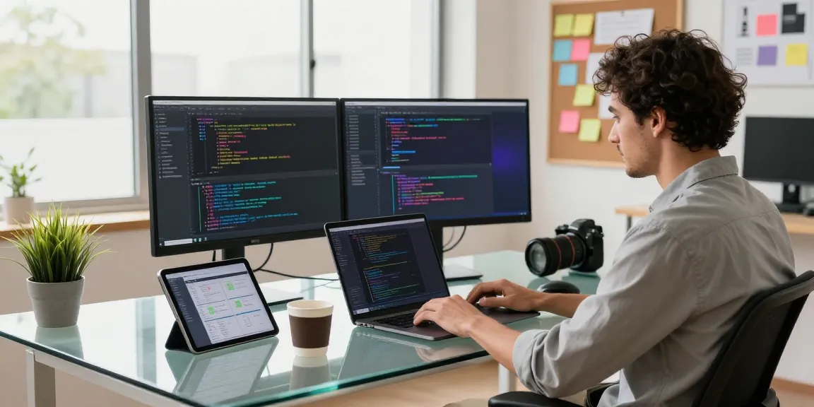 Developer working on software projects in a bright workspace showcasing innovative tools and technology for telegram官网.