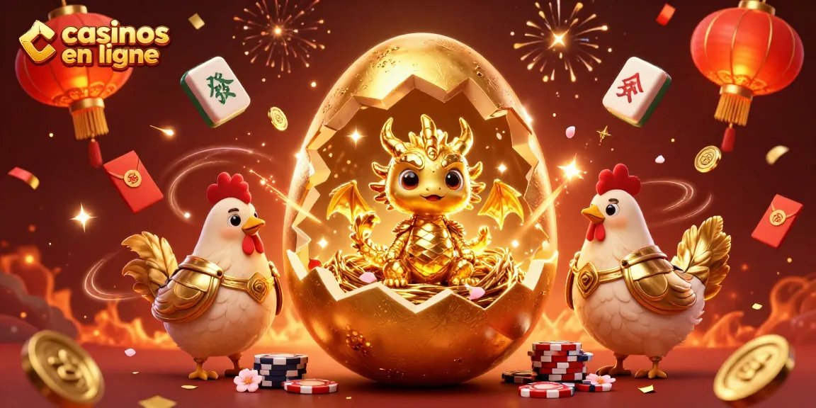 Jouer dans des casinos en ligne avec un dragon doré, des jetons de poker et des lanternes festives.