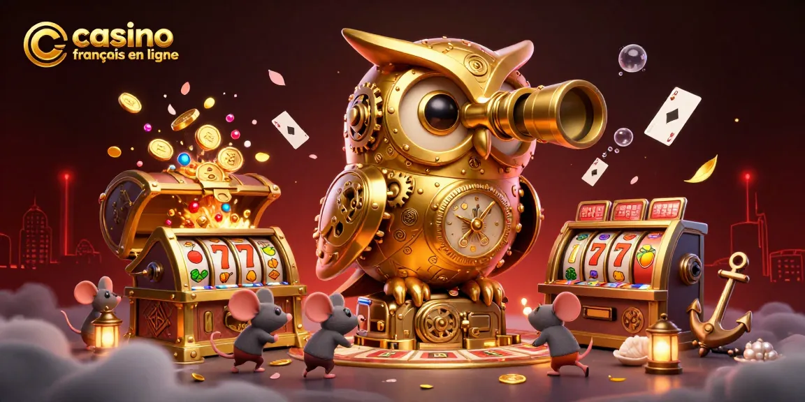 Jouer au casino français en ligne avec une illustration captivante d'une chouette dorée et des machines à sous.