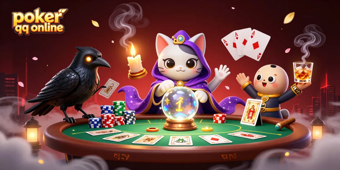 Engage in poker qq online with a vibrant scene featuring mystical characters, poker elements, and championship ambiance.