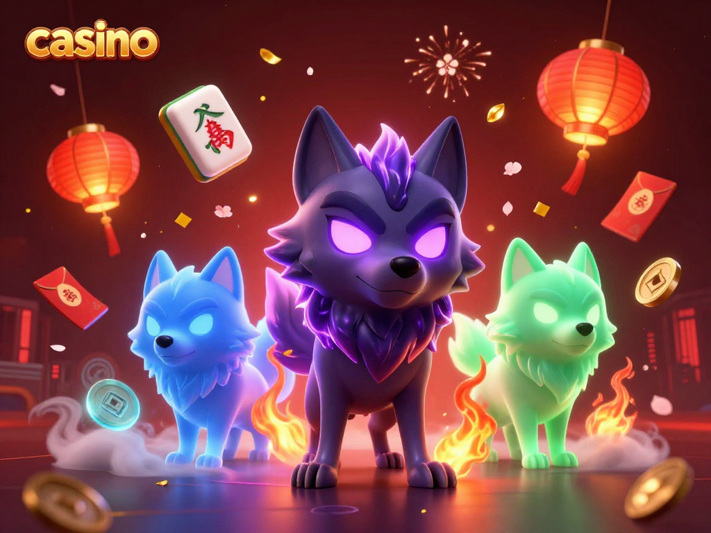 Capture the excitement of casino gaming with a dynamic scene featuring glowing wolves and floating mahjong tiles.