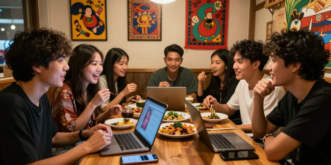 Group enjoying Asian cuisine while discussing trends on https://hanadultalk.com in a cozy café atmosphere.