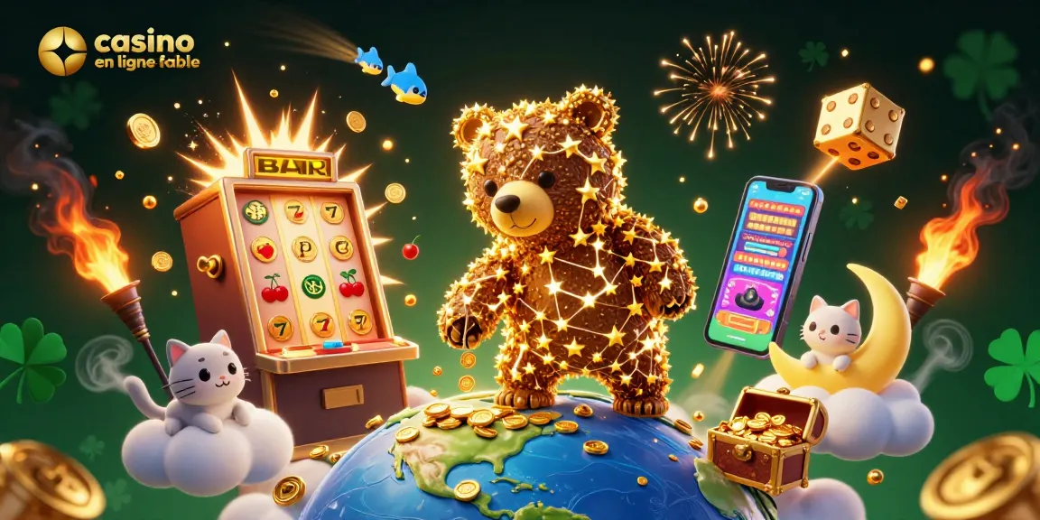 Jouez au casino en ligne fiable avec une représentation vibrante de jeux de casino, machines à sous et ambiance festive.