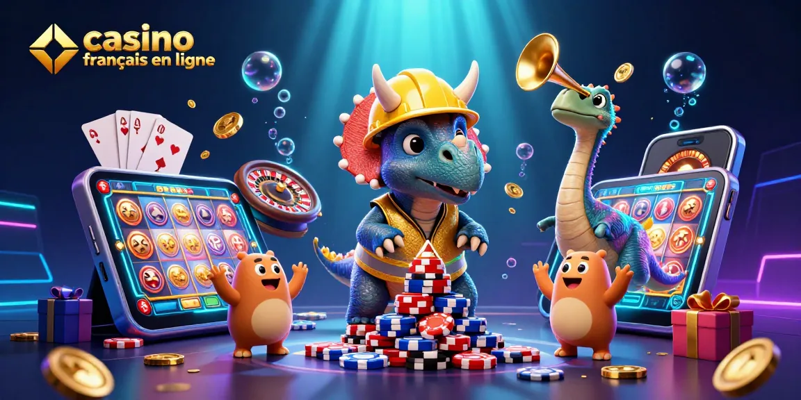 Le casino français en ligne célèbre avec un tricératops et un parasaurolophus construisant des jetons de poker.