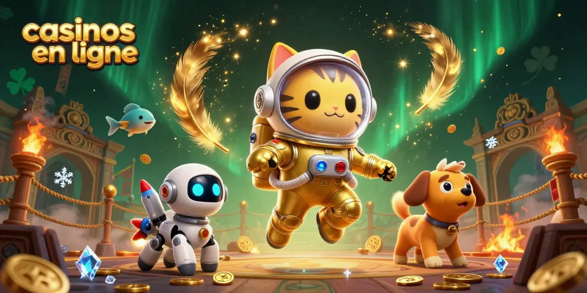 Jouez aux casinos en ligne avec des éléments de jeu captivants illustrés par un chat astronaute et un chien robot.