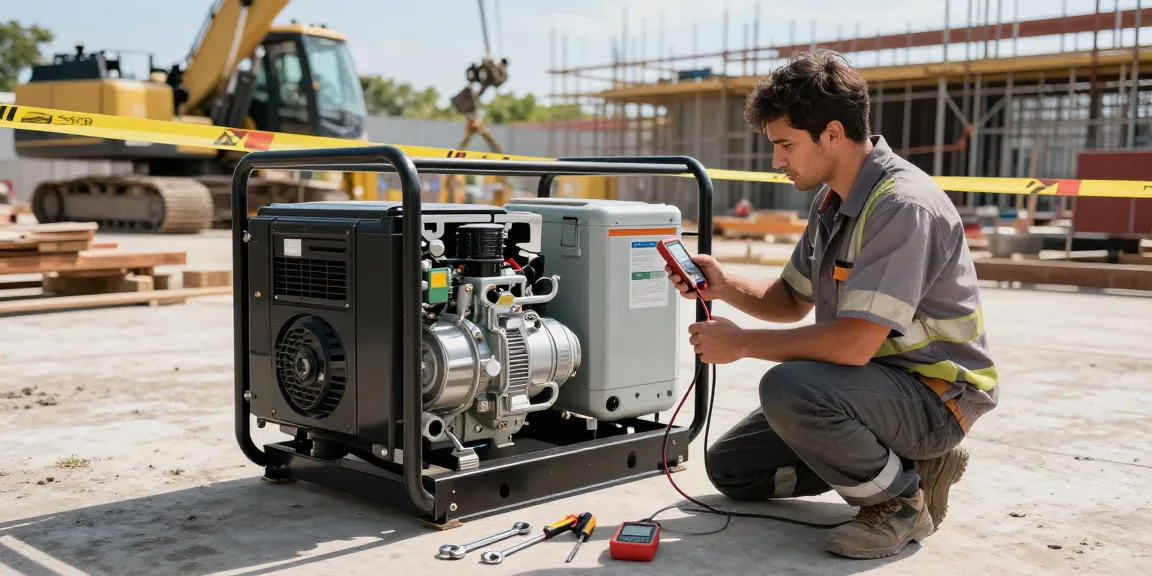 Technician inspecting a diesel genset at a construction site, showcasing reliable power solutions.