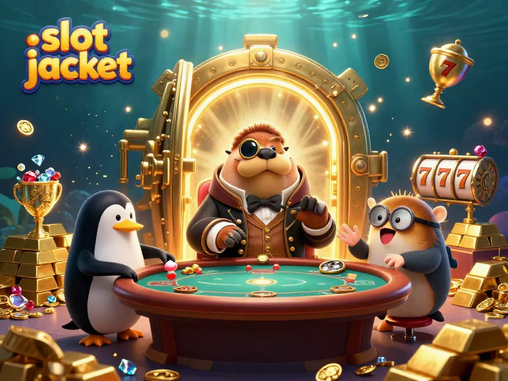 Play thrilling slot jackpot games surrounded by gold treasures in this whimsical underwater scene.