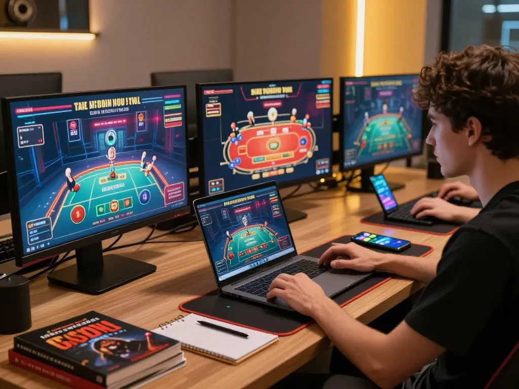 Engaged player enjoying online gaming on pintu888top, showcasing multiple casino game screens and strategic setup.