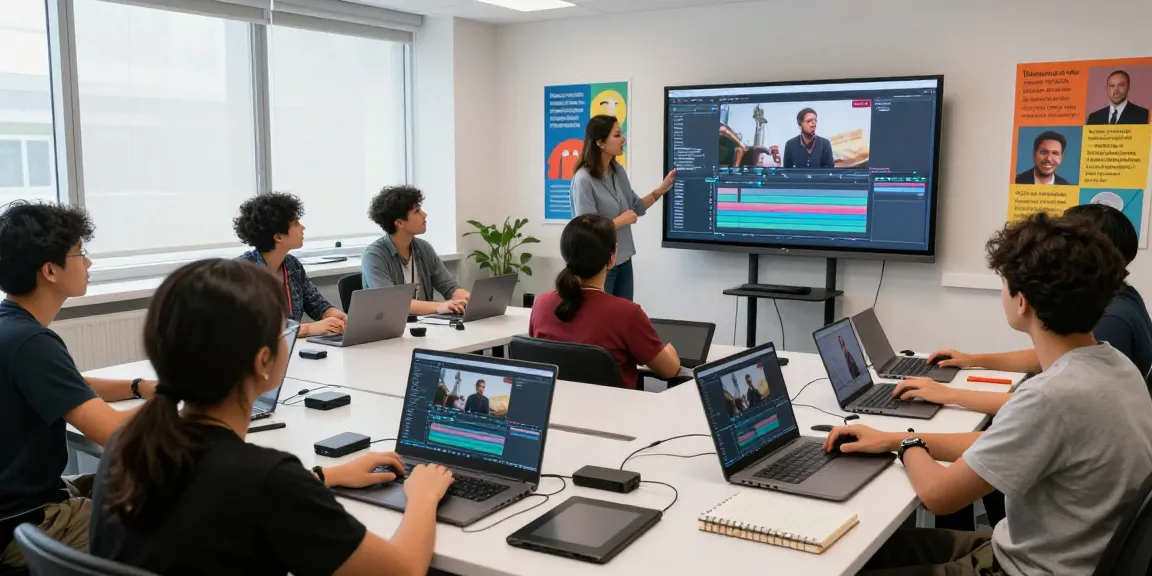 Engaging classroom scene showcasing the best video editing course for beginners, students learning video processing techniques with laptops and instructor.