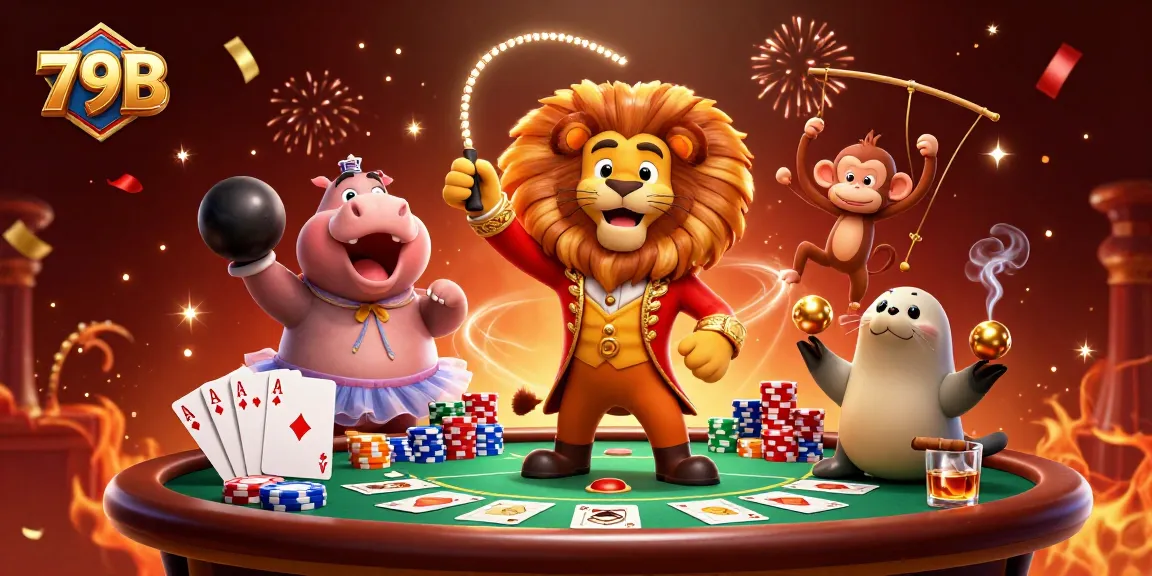 Engage with 79B’s vibrant casino scene featuring a circus ringmaster lion and friends taking center stage.