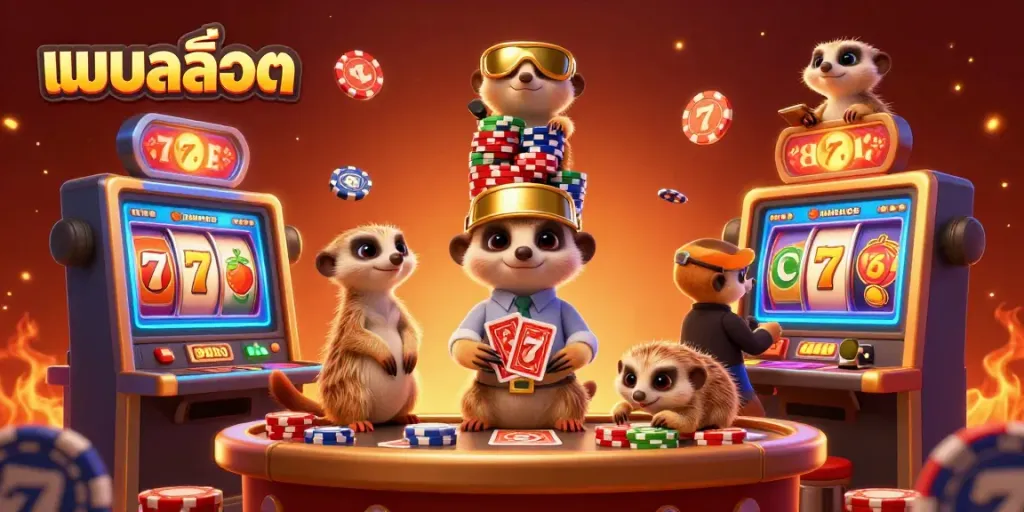 Cute meerkats engaging with exciting slot machines in a colorful casino setting, showcasing แบบสล็อต.