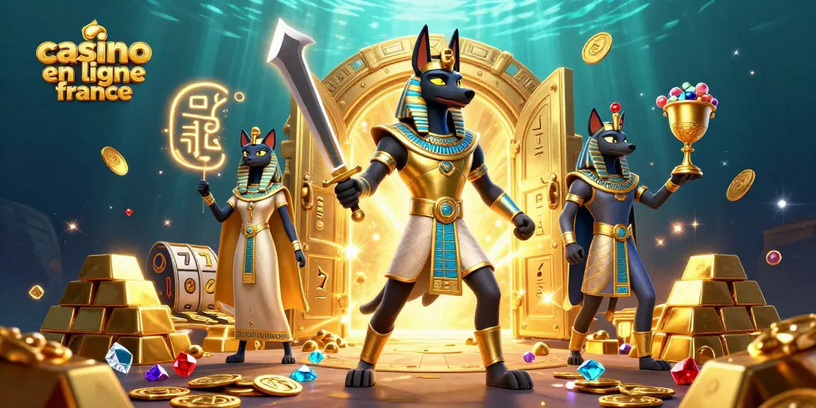Jouez à casino en ligne France avec une scène dynamique d'Anubis et Bastet entourés de trésors scintillants