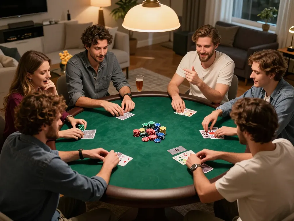 Engaging home poker night with friends at the table, showcasing lc88 strategies and excitement.