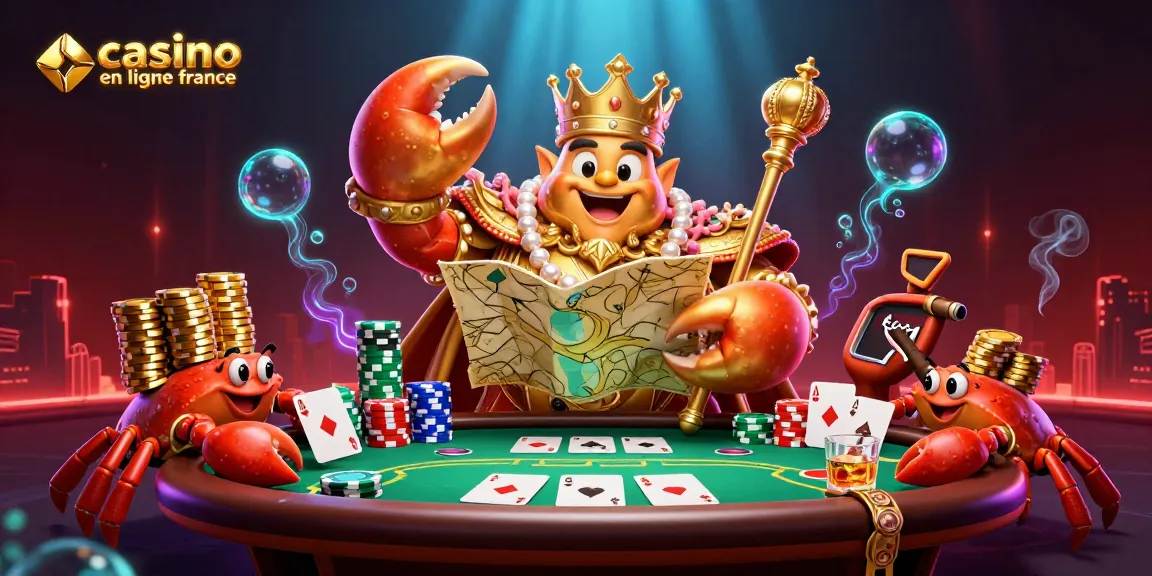 Profitez d'une illustration vibrante d'un casino en ligne France avec des crabes en 3D entourés de jeux de cartes.