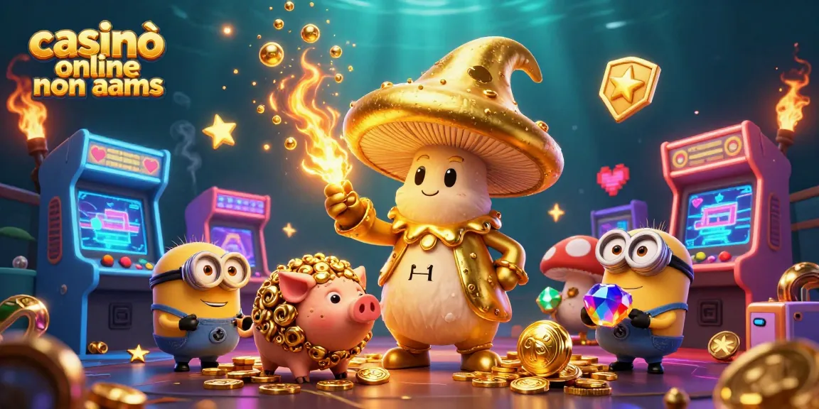 Gioca ai casinò online non AAMS con un mago dorato e tesori scintillanti in questa illustrazione vivace.