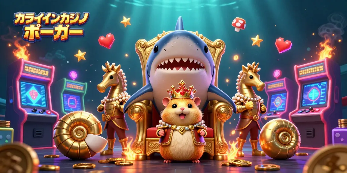 オンラインカジノ ポーカーでプレイする金色のハムスターチャンピオンと海馬の護衛、豊かなゲーム機に囲まれた魅力的なシーン。