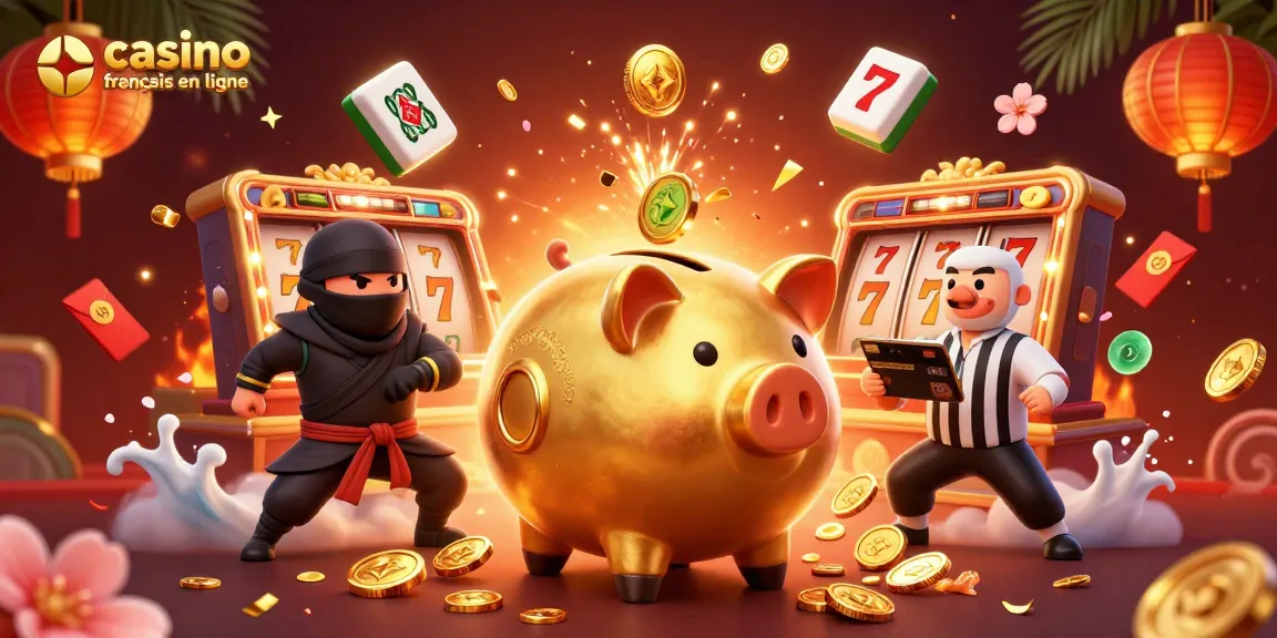 Illustration dynamique d'un casino français en ligne avec des personnages animés et des éléments de jeu colorés.