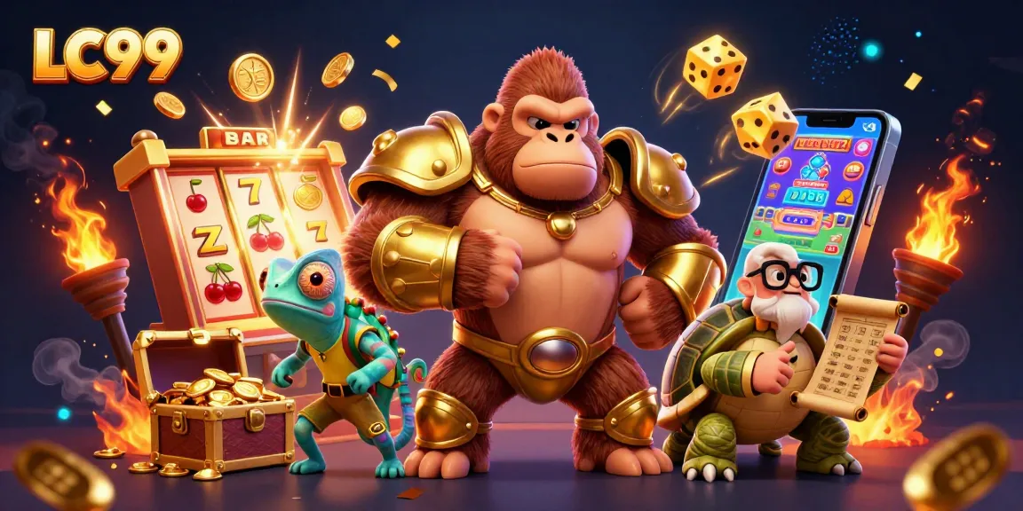 LC99 showcases an epic 3D casino scene with vibrant slot machines and dynamic characters in action.