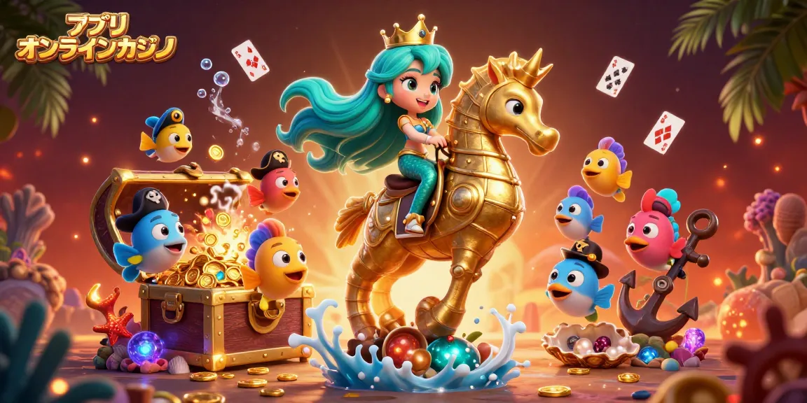 アプリ オンラインカジノの魅力的なイラスト、海の中で宝箱から金貨が飛び出す様子を描写。