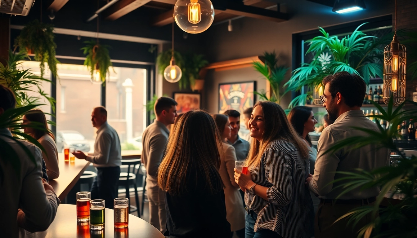 Engaging ambiance at The Corner Cannabis Club Madrid: showcasing patrons socializing in a vibrant atmosphere.