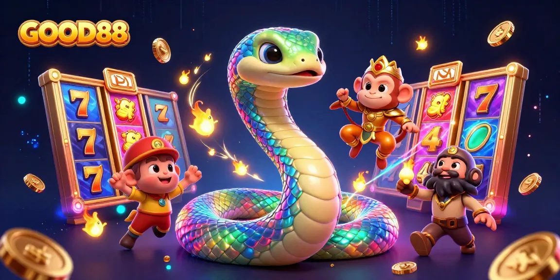 Engage in thrilling casino fun at GOOD88 featuring a rainbow serpent, monkey king, and dynamic slots.
