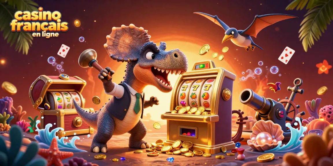 Jeu de casino français en ligne inspiré avec des dinosaures et des machines à sous dorées.