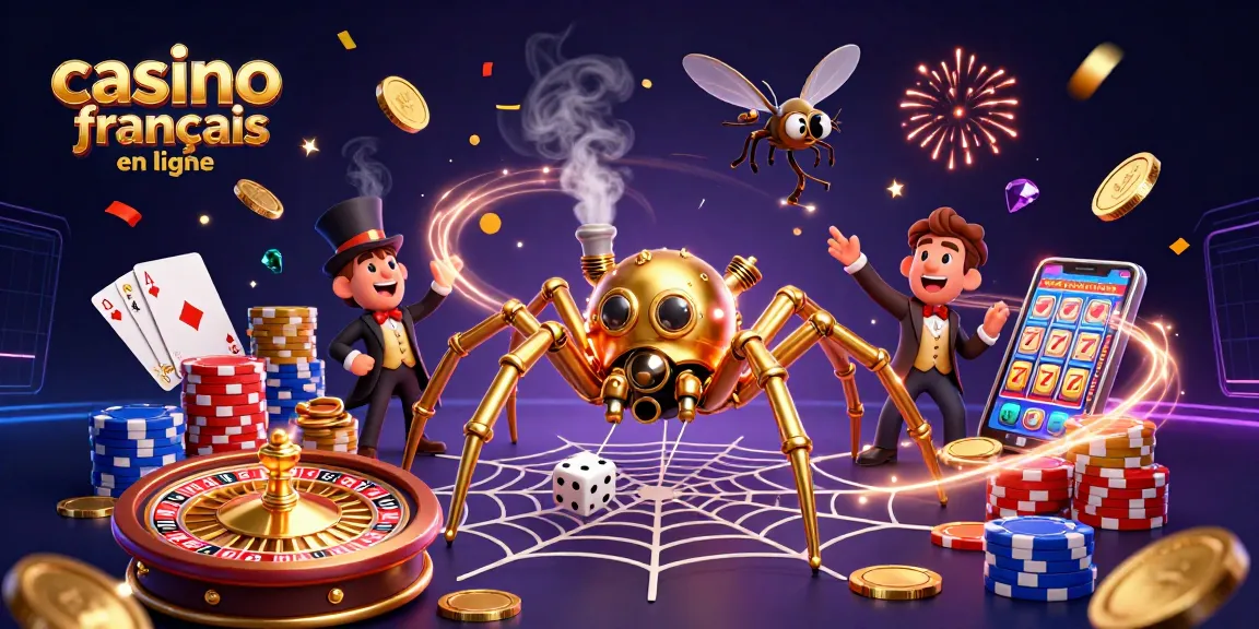 Vibrez avec le casino francais en ligne grâce à une illustration d'une araignée dorée steampunk et de jetons colorés.