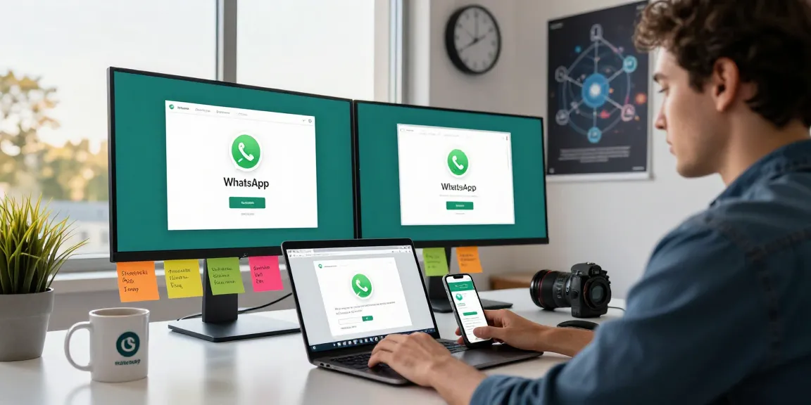 WhatsApp下載 installation steps on a tech enthusiast's workspace with laptop and smartphone.