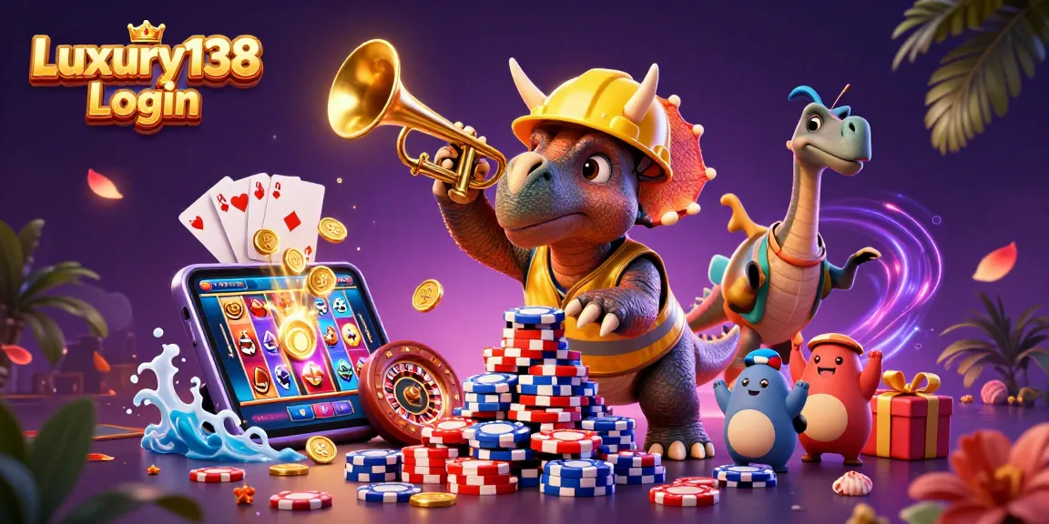 Engaging scene of Luxury138 Login with vibrant characters building poker chip pyramids, celebrating with game elements.