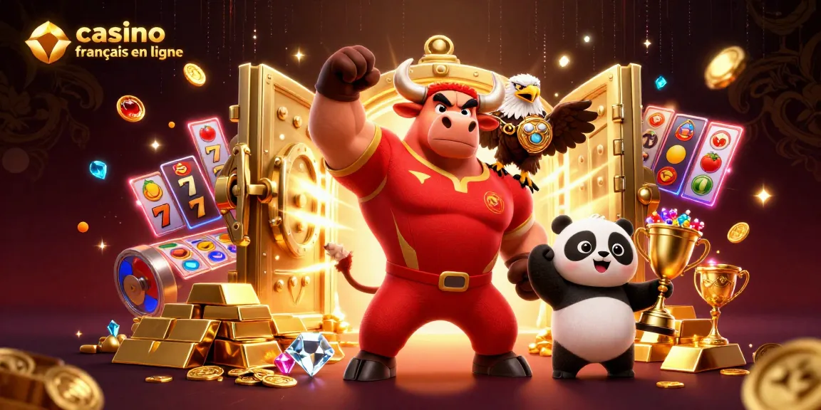 Vivez l'excitation du casino français en ligne avec un taureau gagnant, un aigle victorieux et un panda joyeux, entourés de richesses