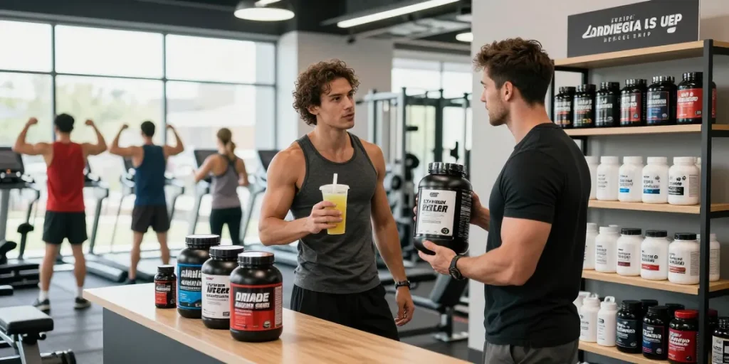 Driada Medical Shop fitness scene showcasing anabolic steroids and health supplements with enthusiasts in a modern gym.