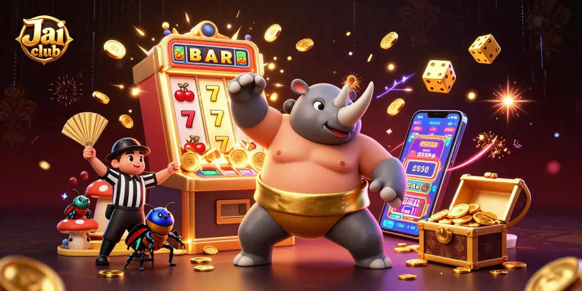 Engage in thrilling gaming at Jai club with a 3D sumo beetle champion, coins flying around.