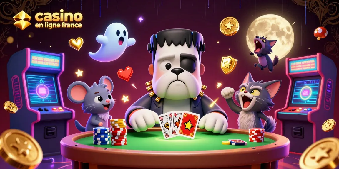 Illustration dynamique de casino en ligne France avec un bulldog Frankenstein, une souris fantôme et un chat werewolf.