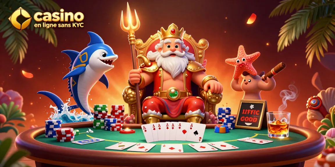 Gagnez sur casino en ligne sans KYC avec l'illustration du roi Neptune et ses éléments de poker.