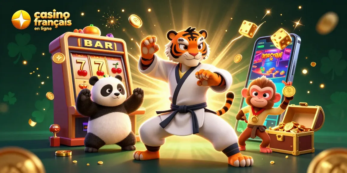 Visualisez un casino français en ligne avec un tigre kung-fu et un panda face à une machine à sous explosive.