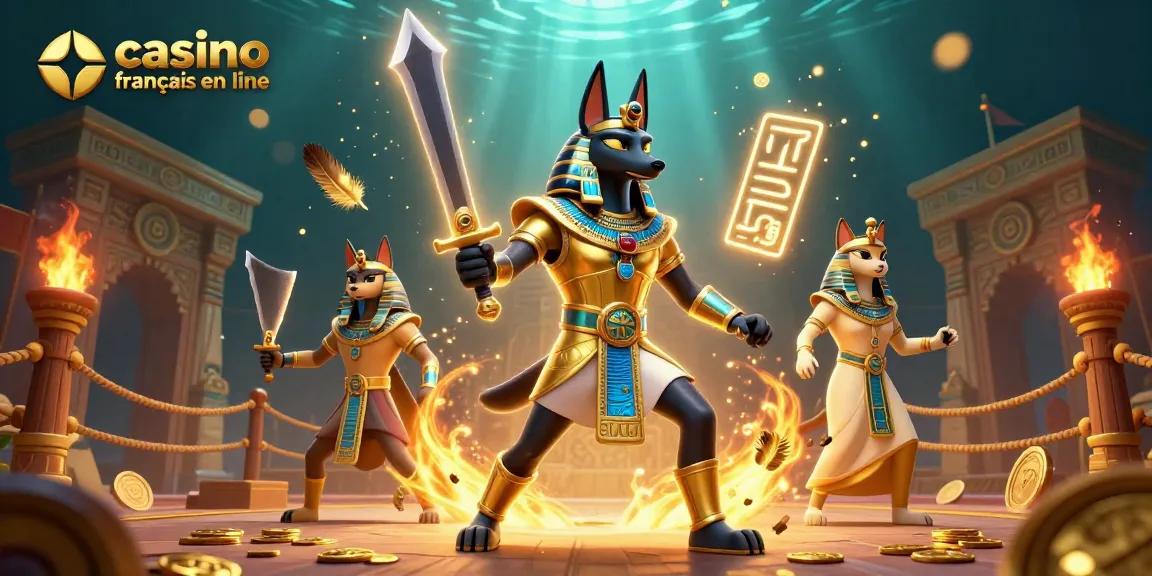 Gagnez gros avec le casino français en ligne, héros Anubis et Bastet dans une scène animatique captivante.