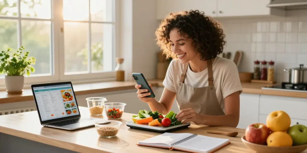 Home cook using the best food tracking app while preparing healthy meals in a sunny kitchen.