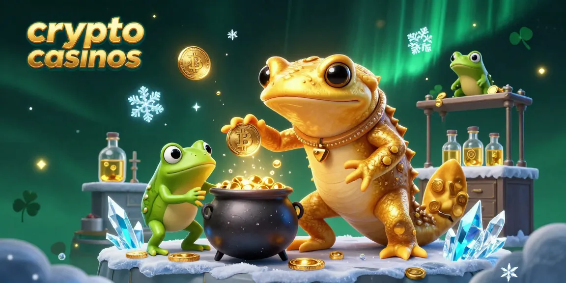 Les crypto casinos en action avec un alchimiste, une grenouille et des pièces d'or.