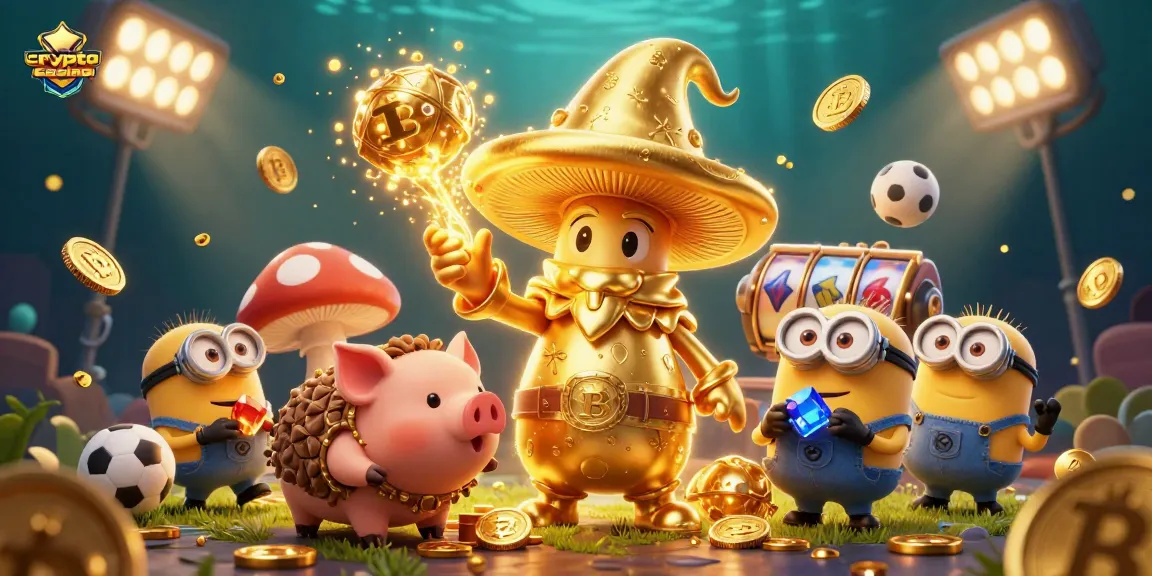 Découvrez des personnages de casino crypto en jouant aux machines à sous avec un sorcier en or et des pièces qui brillent.